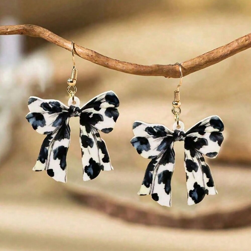Cow Print Bow Earrings | 1 Pair Y2K Retro Western Earrings | Statement Earrings